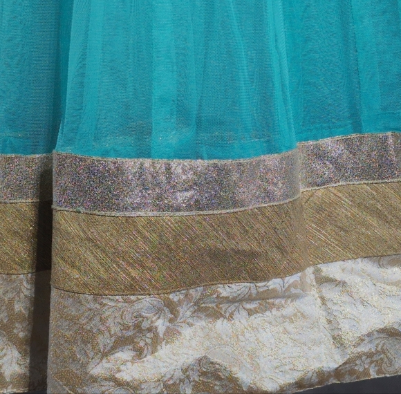 Unbranded Aqua & Gold M Anarkali  Women's Net Dress W/ Matching Scarf - Picture 5 of 8